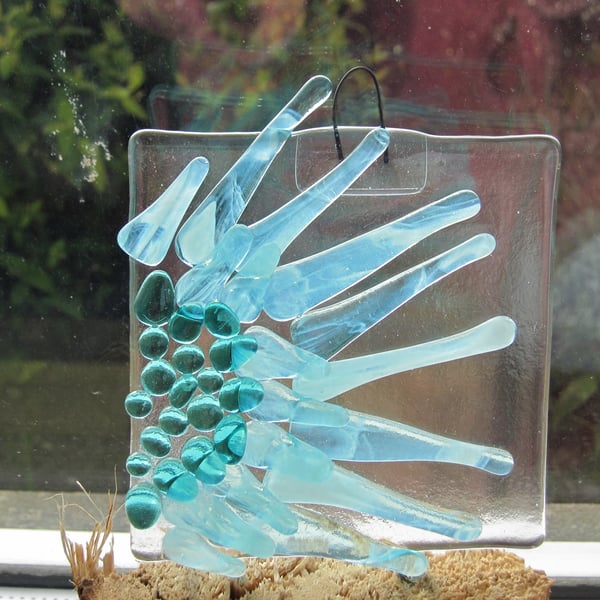 Crazy daisy, suncatcher, fused glass hanging, turquoise flower