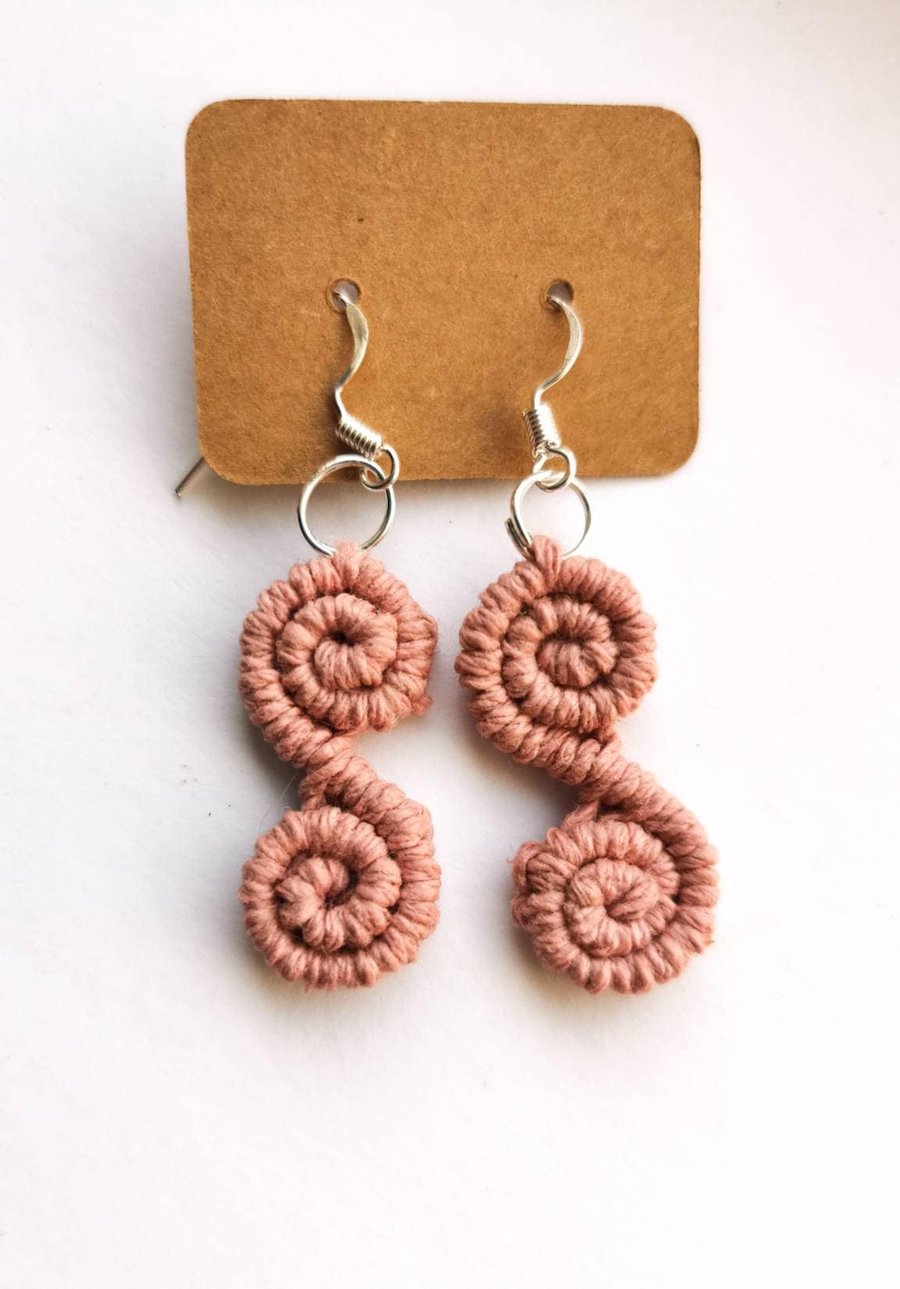 Macrame Spiral Earrings, Dusky pink sterling silver earrings 