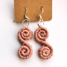 Macrame Spiral Earrings, Dusky pink sterling silver earrings 