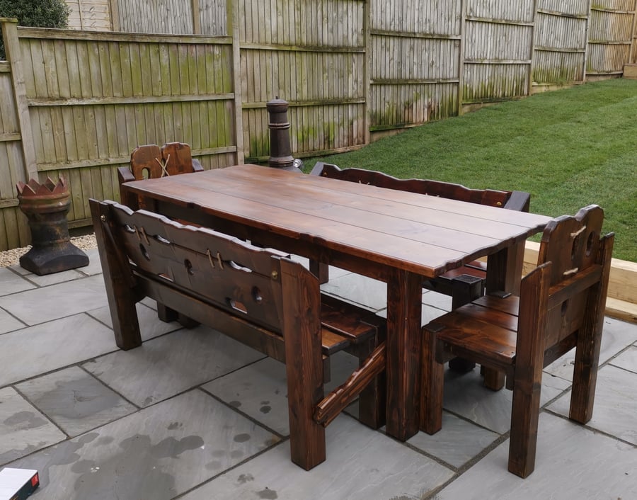 Solid Wood Chuncky Rustic Garden Table, Benches, Chairs, Dark Oak Painted 