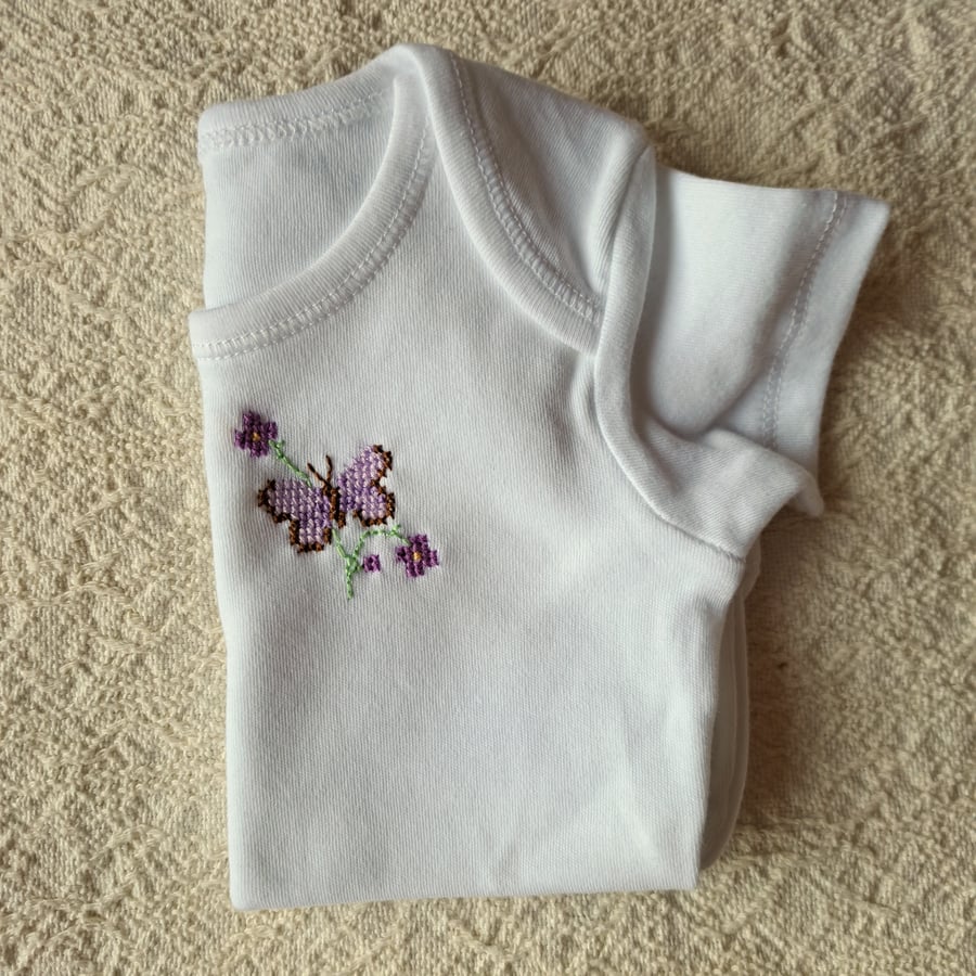 Butterfly, baby vest, age 3-6 months, hand embroidered