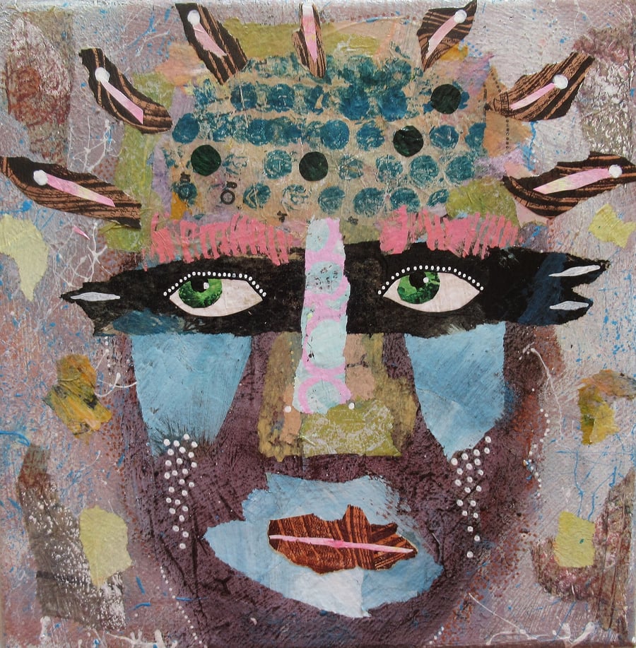 Abstract Portrait Painting Small Primitive Art Brut Face Artwork 8x8" Canvas