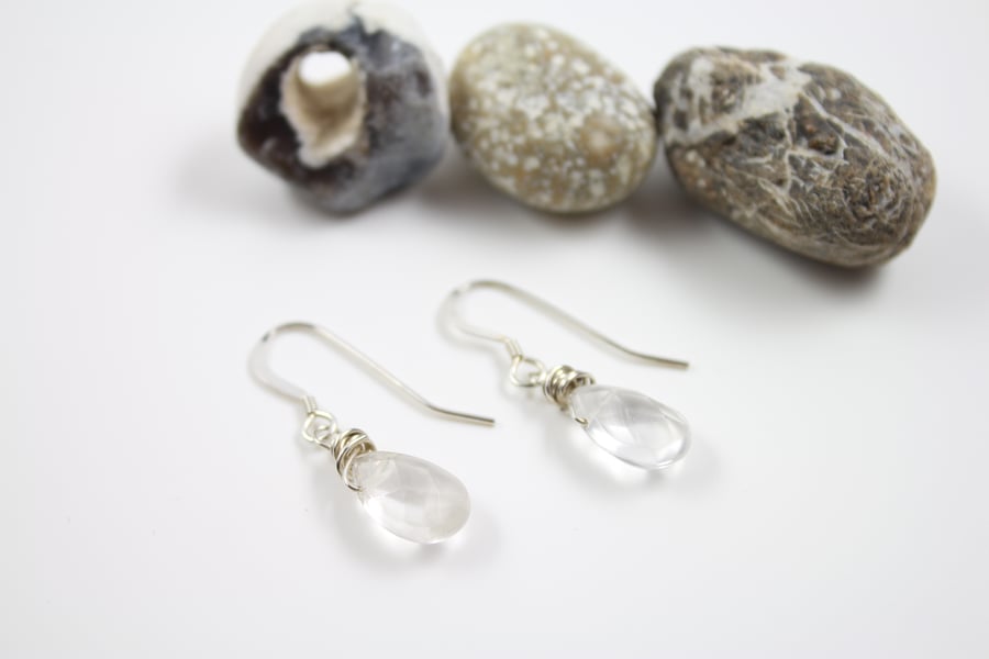 Silver Wire Wrapped Clear Quartz Briolette Drop Earrings