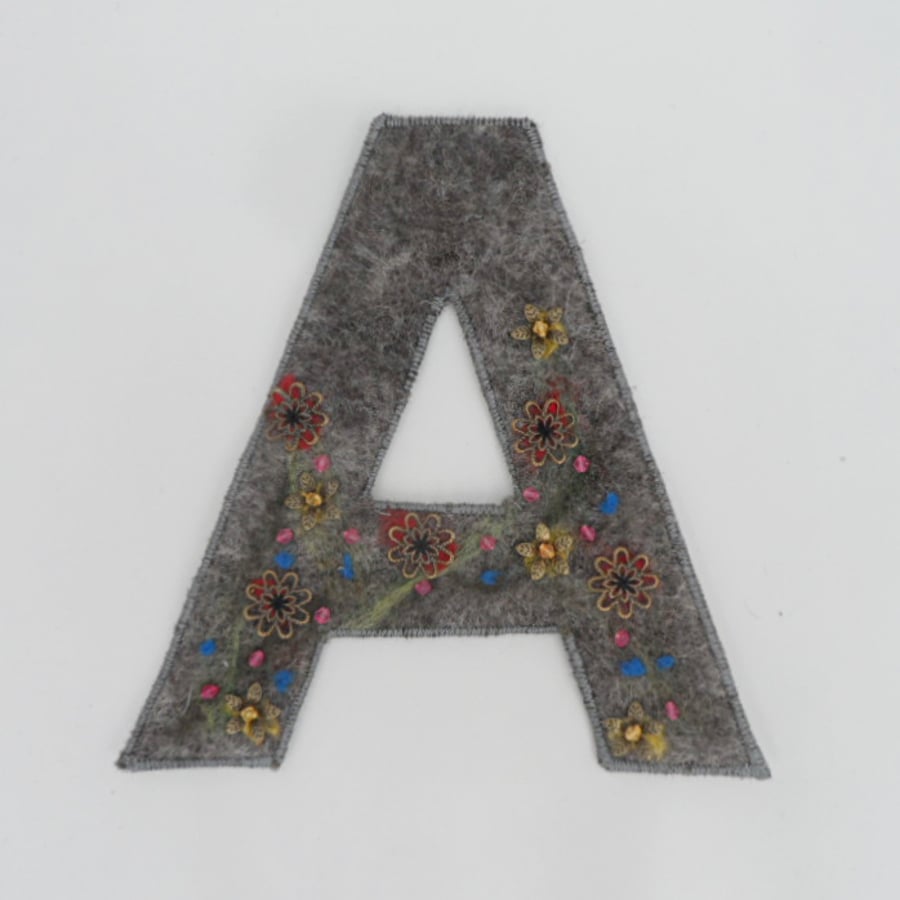 Initial Letter "A"  for Door or Wall, felt with beaded flowers - REDUCED