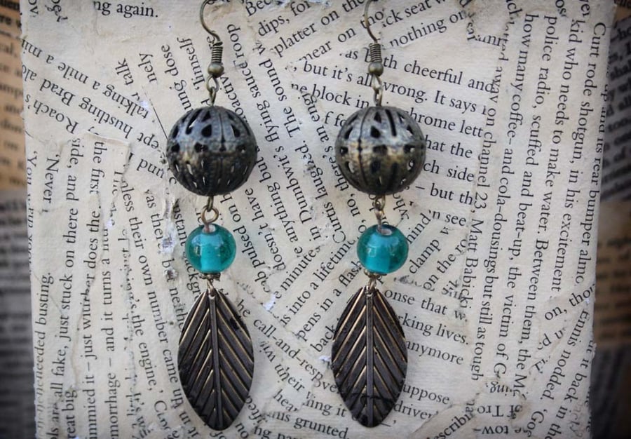 Feather Charm Ball Charm Turquoise Glass Bead Hook Dangle Earrings