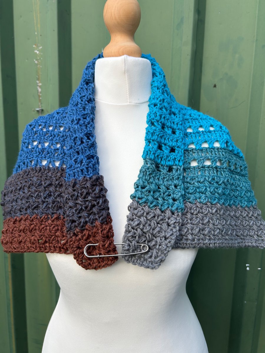 Blue grey and brown texture and lace handmade crochet neck warmer collar