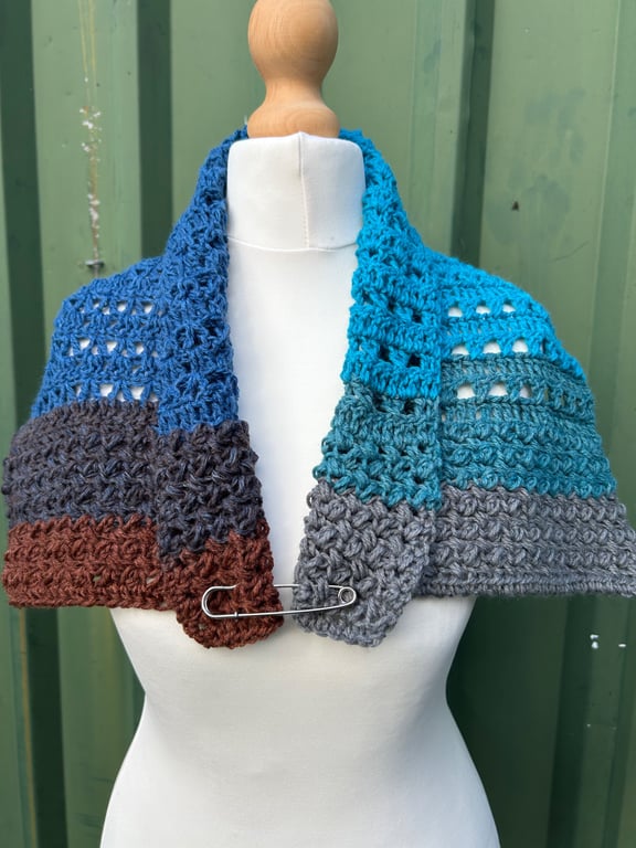 Blue grey and brown texture and lace handmade crochet neck warmer collar