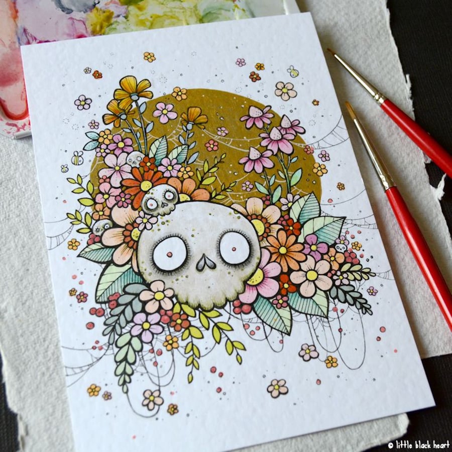 blooming summer skull - original illustration A6