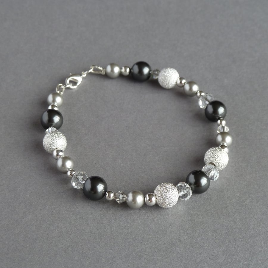 Dark Grey Pearl & Crystal Bracelet - Charcoal & Silver Bridesmaids Jewellery 