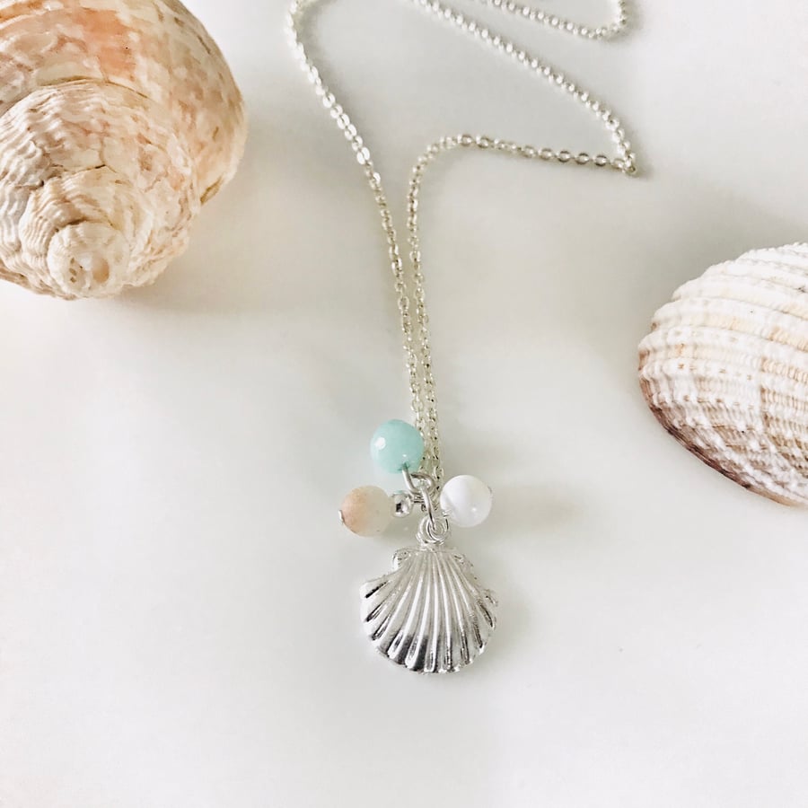 Beach inspired gemstone shell necklace, gift for her