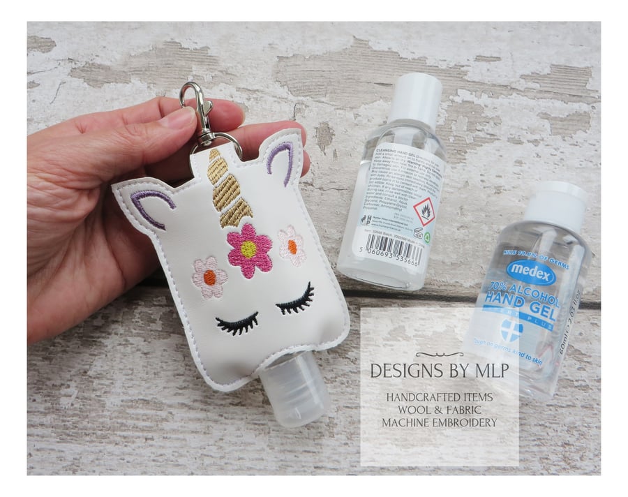 Unicorn Hand Sanitiser Holder, Machine Embroidered with Lobster Clasp