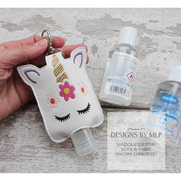 Unicorn Hand Sanitiser Holder, Machine Embroidered with Lobster Clasp