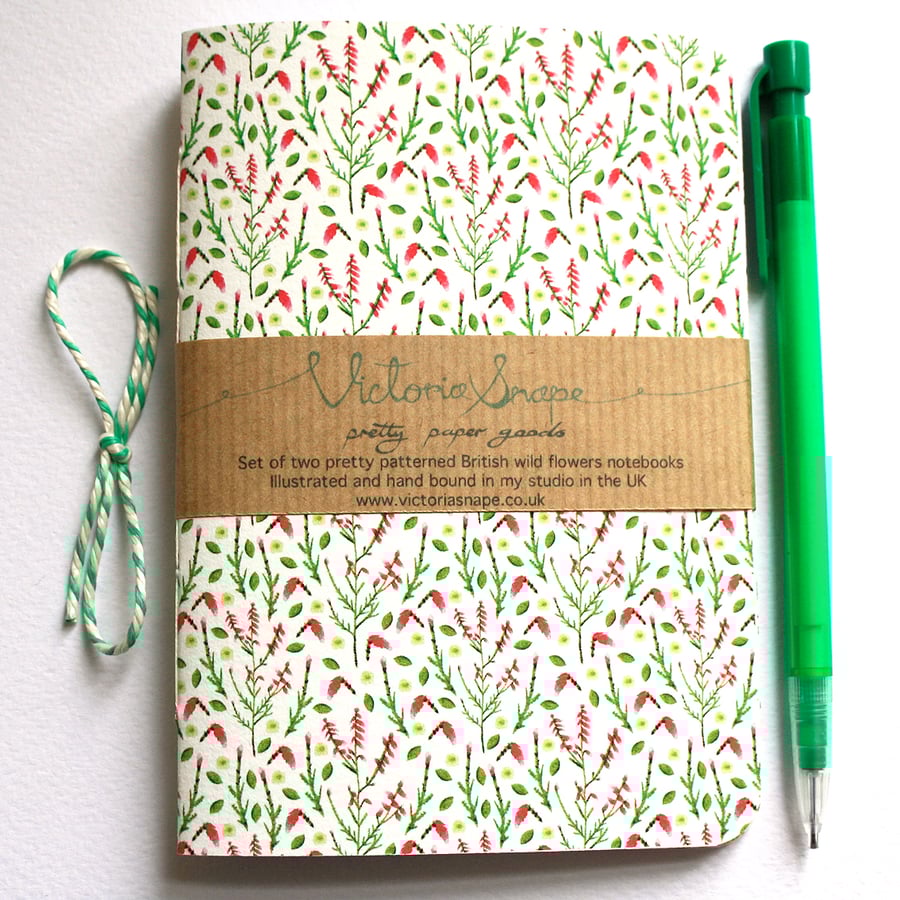 Set of two British wildflowers- Tansy and Heather- hand bound recycled notebooks