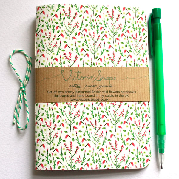 Set of two British wildflowers- Tansy and Heather- hand bound recycled notebooks