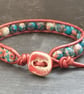Red and blue rainbow jasper and leather bracelet with ceramic button fastener - Image 5