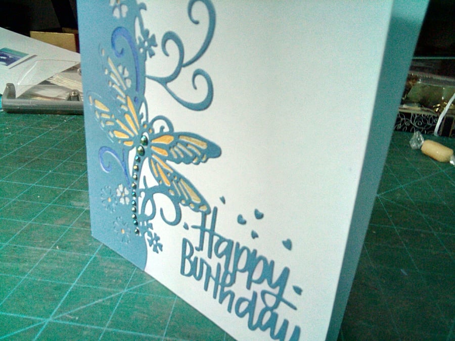 Blue dragonfly birthday card 