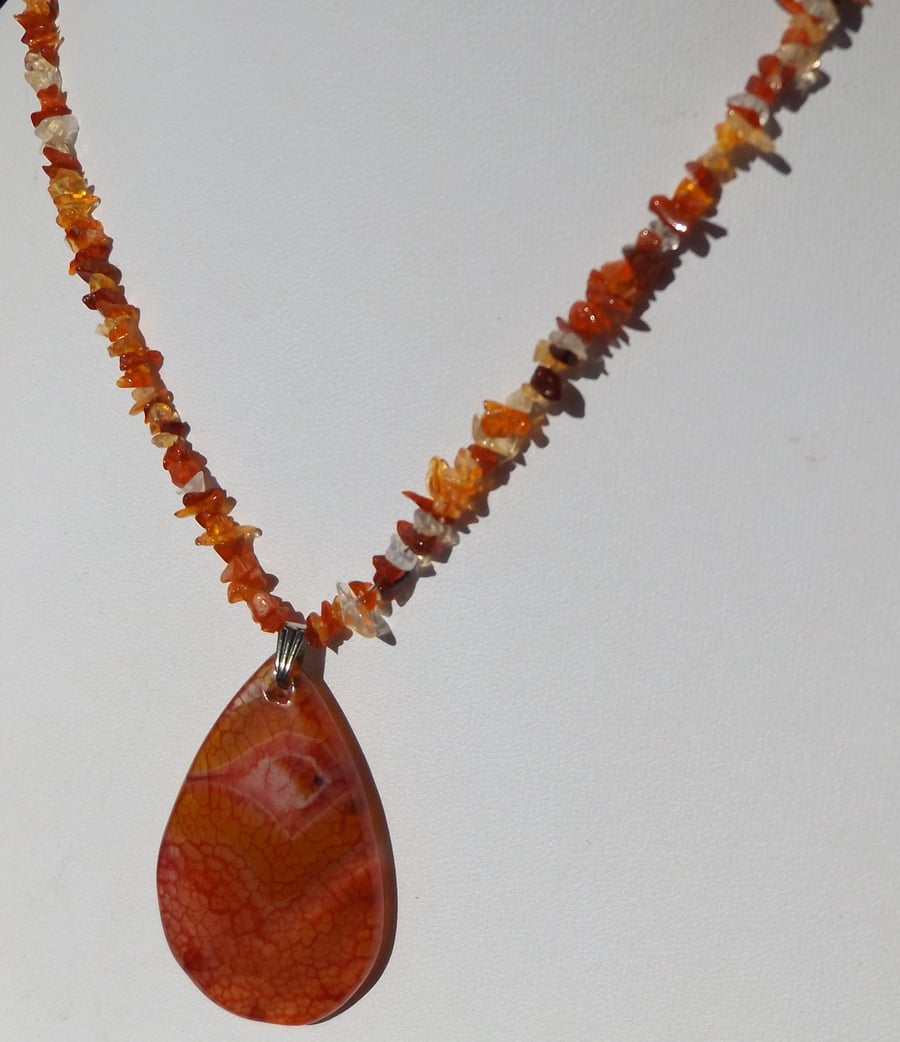 Picture agate with fire opal sterling silver necklace
