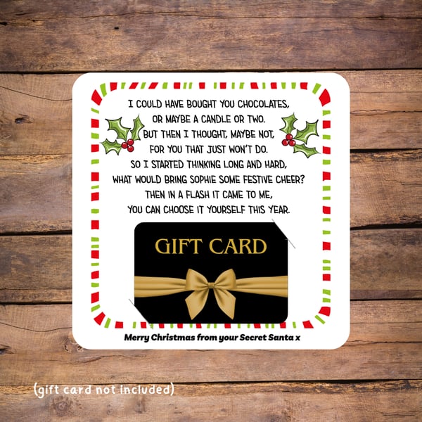 Secret Santa Christmas Gift Card Holder, personalised 