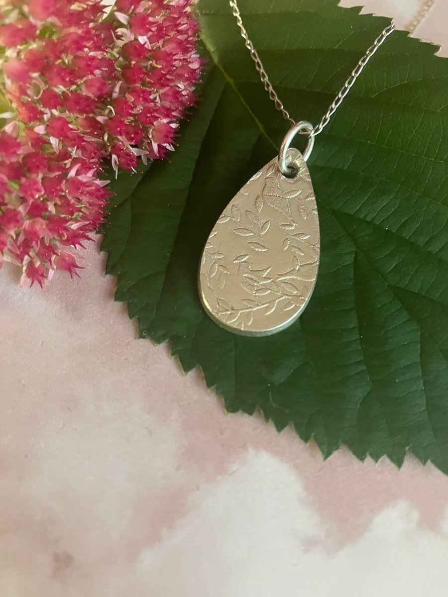 Handmade Fine Silver Teardrop Pendant – Bird on Branches Design