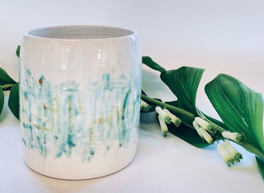 Handmade ceramic wheel thrown pot, hand glazed with teal and green.