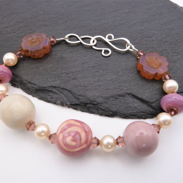 pink rose ceramic beaded bracelet