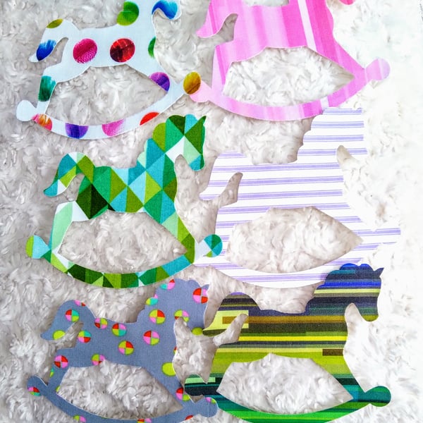 Pack of 6 colourful ROCKING HORSE die cut applique shapes for sewing projects