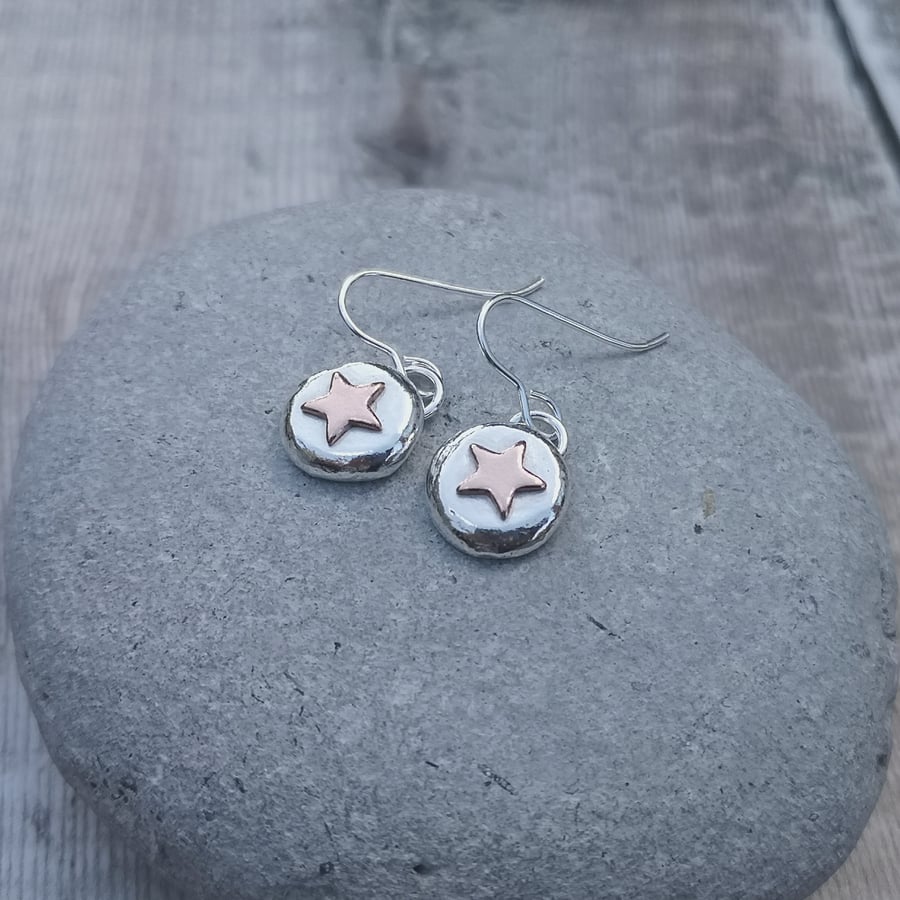 Sterling Silver Small Pebble Drop Earrings with Copper Star Detail
