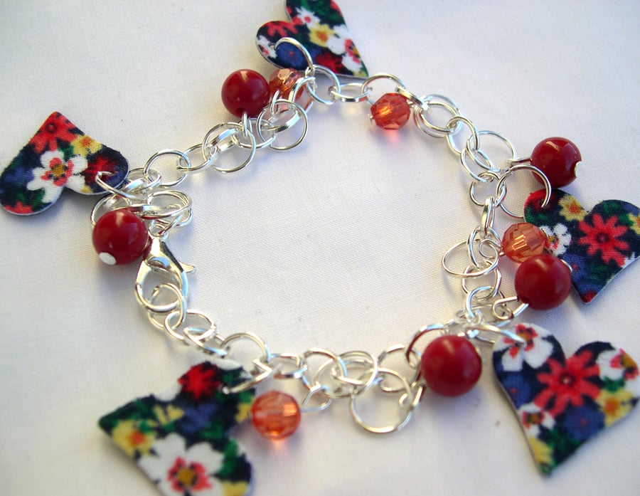 Silver Plated Hardened Floral Charm Bracelet with Glass and Resin Beads