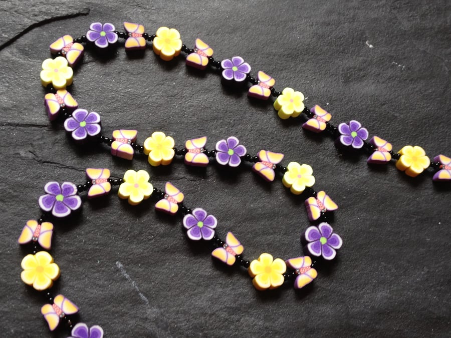 Spring Butterflies Polymer Clay Necklace 19 inches Lilac Crocus