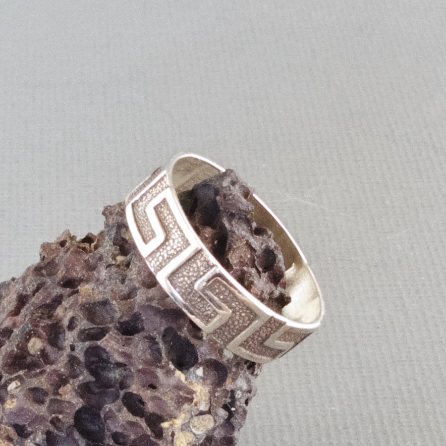 Oxidised Sterling Silver Stacking Ring With Vintage Greek Key Wave Design