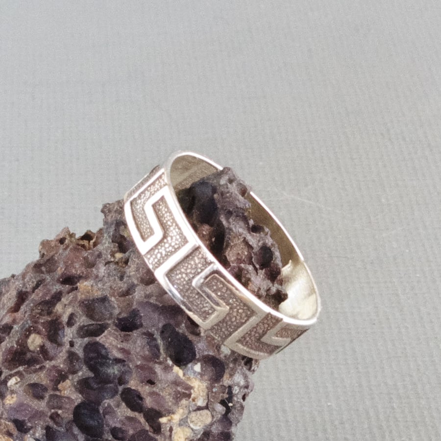 Oxidised Sterling Silver Stacking Ring With Vintage Greek Key Wave Design