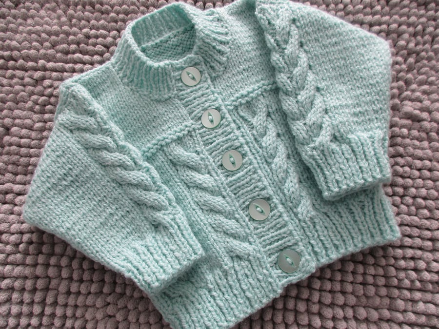 16" Babies Mint Cable Round  Neck Cardigan