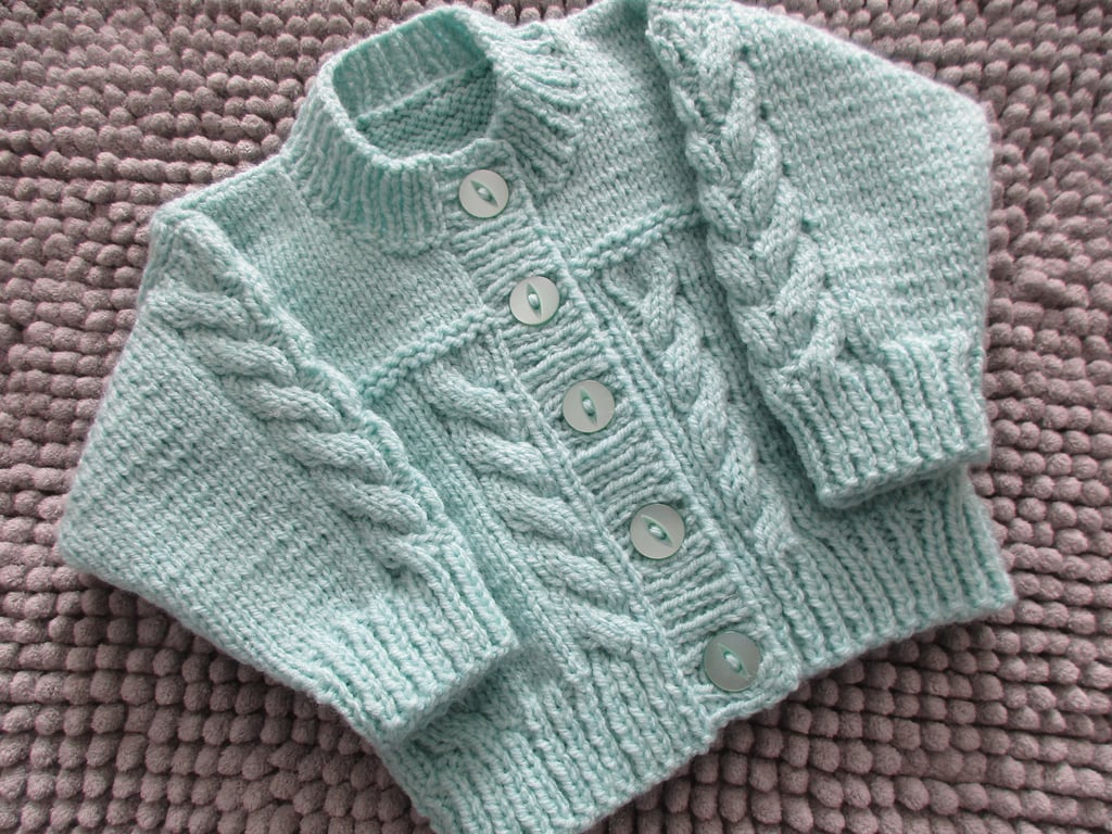 16" Babies Mint Cable Round  Neck Cardigan