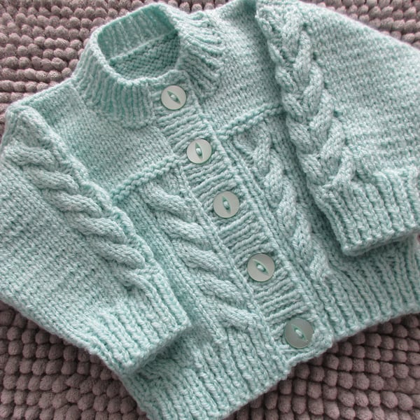 16" Babies Mint Cable Round  Neck Cardigan