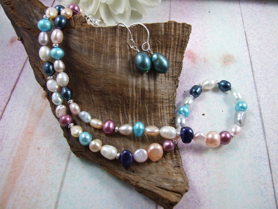 Necklace and Earring Set, Sterling Silver and Pastel Summery Colour Pearls