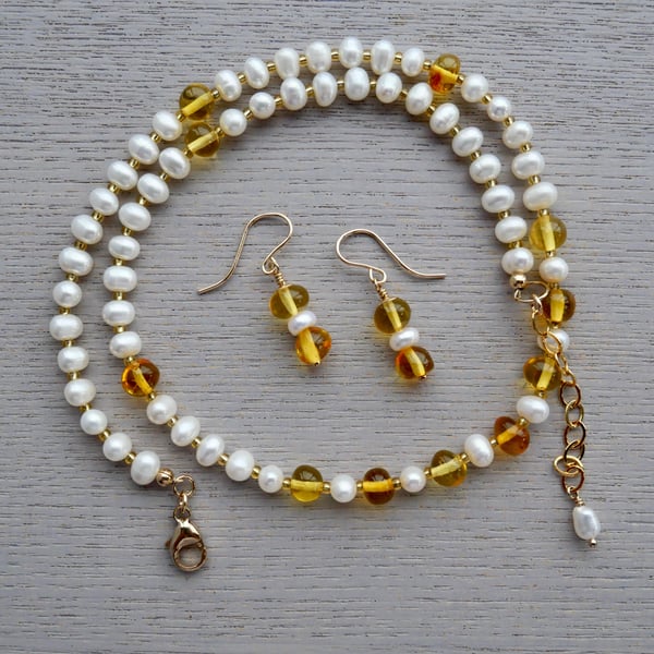 White Pearl and Amber Necklace & Earring Set - 14k Gold Filled Clasp & Extender