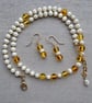 White Pearl and Amber Necklace & Earring Set - 14k Gold Filled Clasp & Extender