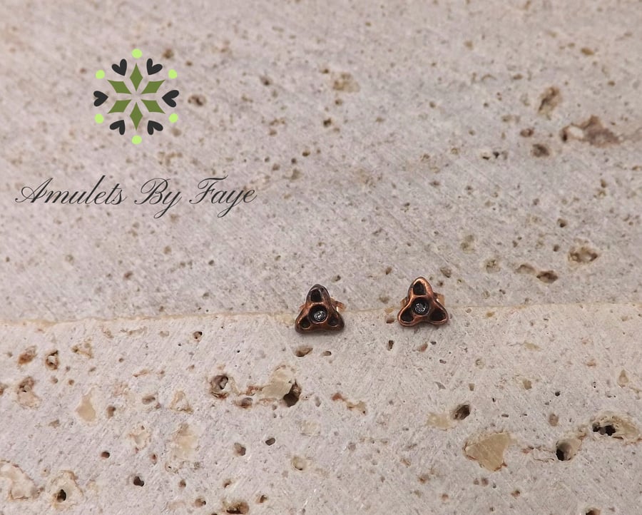 Recycled Small Copper Triquetra Stud Earrings with Clear Cubic Zirconia.