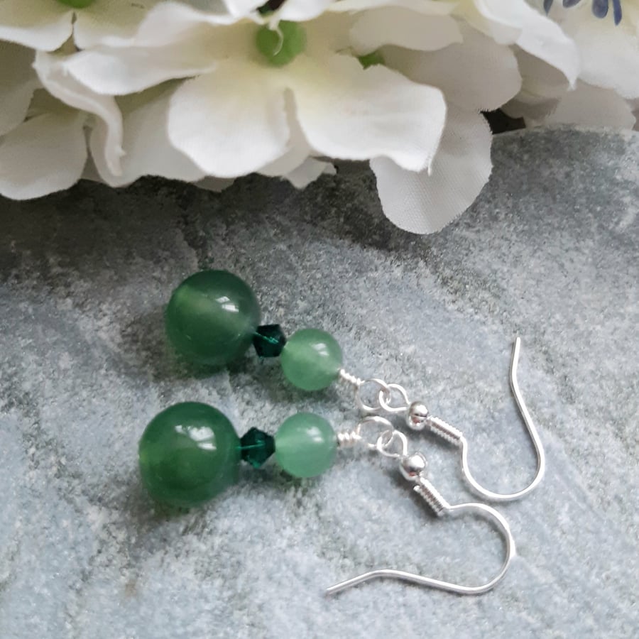 Green Agate and Crystal Drop Earrings 
