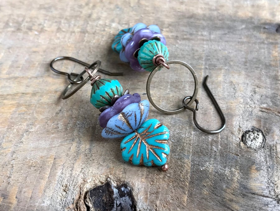 Czech Glass Maple Leaf Earrings. Purple & Turquoise Stacked Earrings
