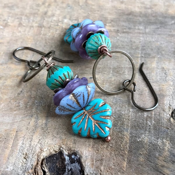 Czech Glass Maple Leaf Earrings. Purple & Turquoise Stacked Earrings