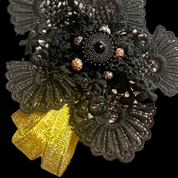 Black Lace Steam Punk Flower Brooch, Gothic Brooch, Goth Badge