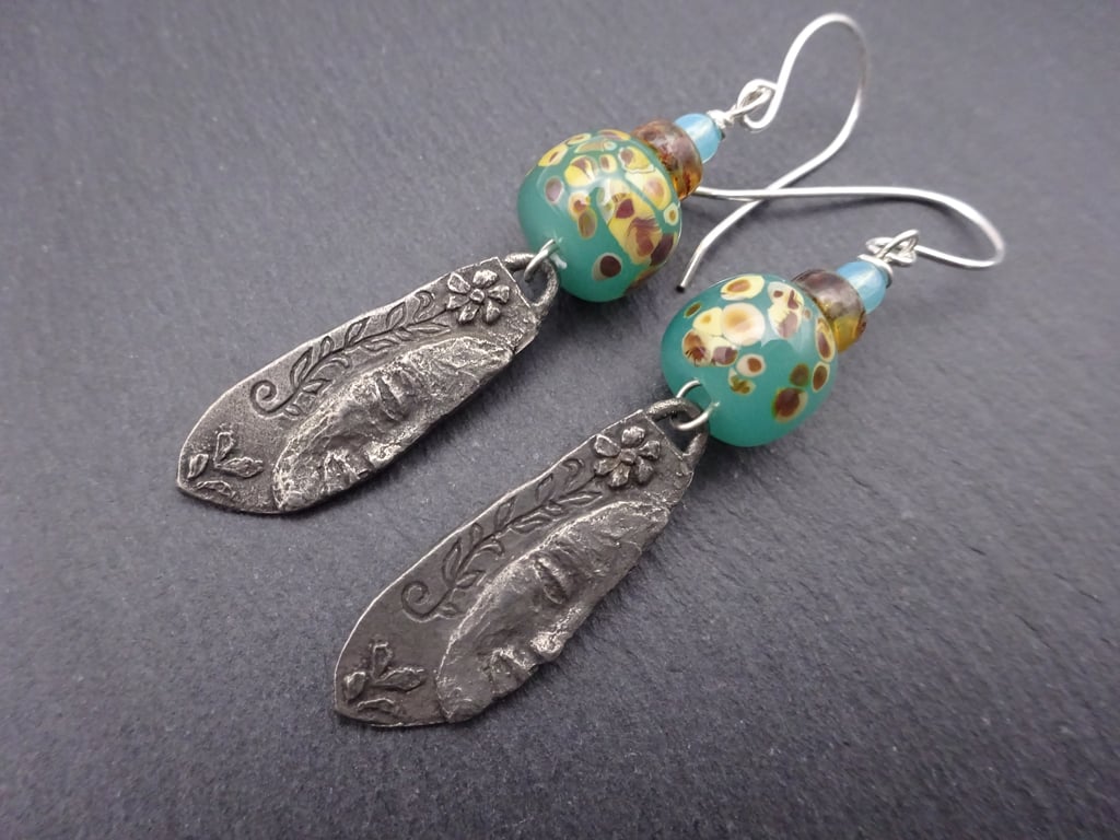 green lampwork glass and pewter goddess earrings
