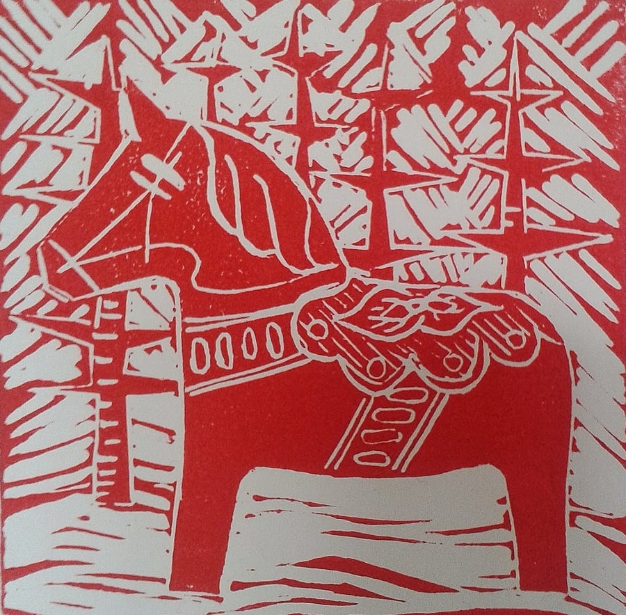 Lino Print Scandinavian Dala Horse Christmas Cards