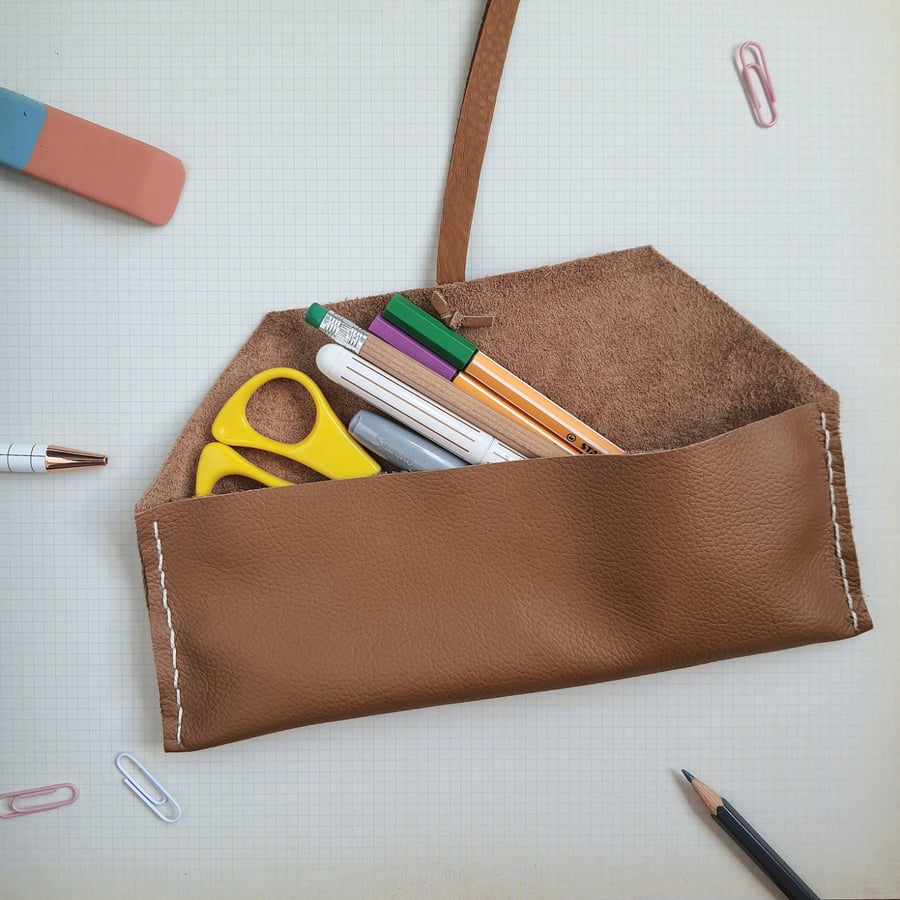 Brown leather pencil case, upcycled leather stationery case