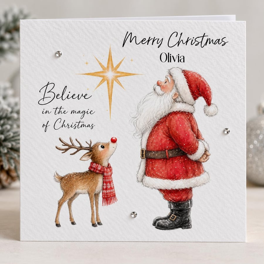 Father Christmas Card, Santa & Reindeer Card, Believe in the Magic of Christmas
