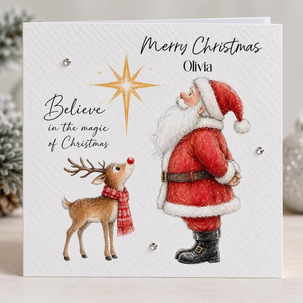 Father Christmas Card, Santa & Reindeer Card, Believe in the Magic of Christmas