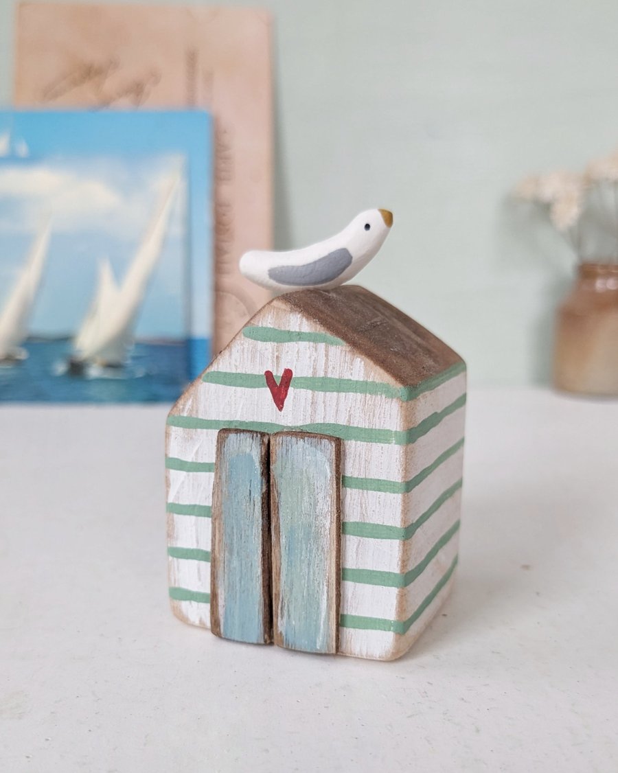 Hand Painted Wooden Beach Hut with Seagull 