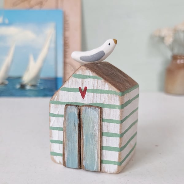 Hand Painted Wooden Beach Hut with Seagull 