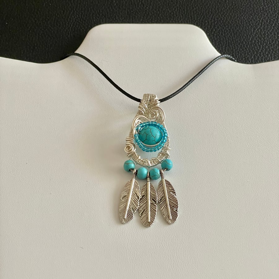 Boho Chic - Turquoise Feather Wire Wrapped Pendant